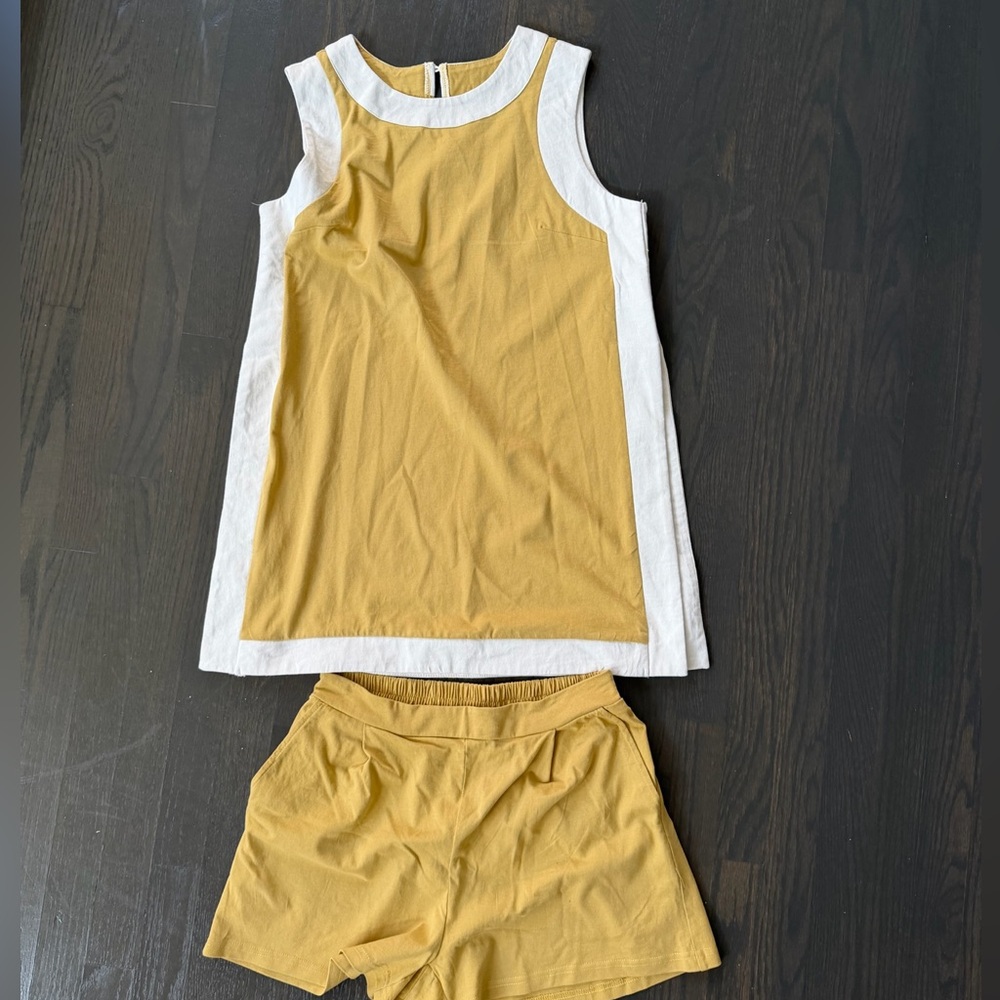 Yellow and White Sleeveless Top with Matching Yellow Shorts